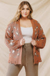 Junior Plus Camel Cow Print Distressed Hem Soft To Touch Open Front Cardigan /3-2-1