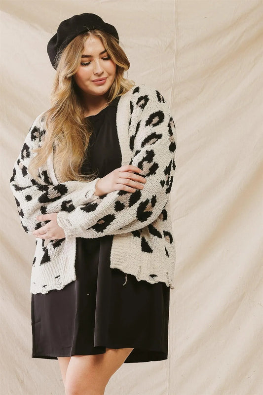Junior Plus Cream Cow Print Distressed Hem Soft To Touch Open Front Cardigan /1-1-2 - Tasha Apparel Wholesale