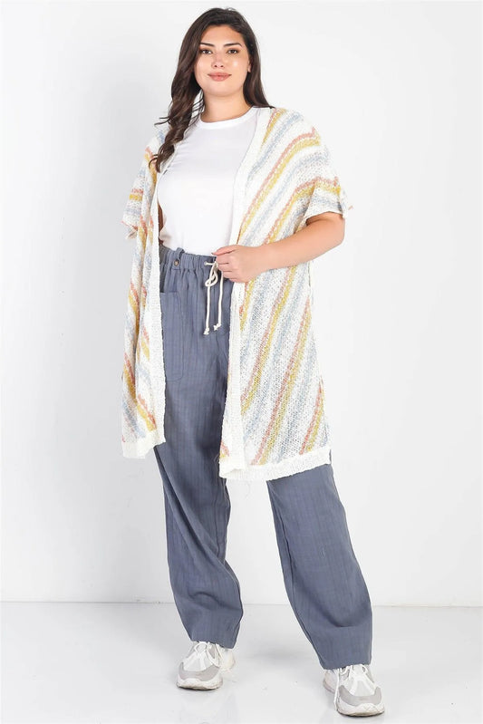 Junior Plus White Multi Color Open Front Self-Tie Detail Cardigan /3-2-1 - Tasha Apparel Wholesale