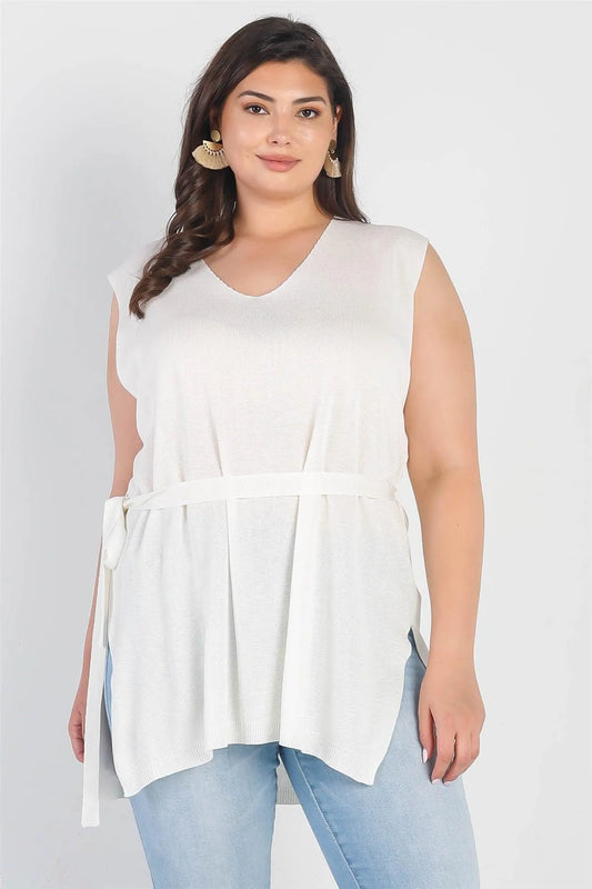 Junior Plus White Knit Belted V-Neck Sleeveless Top /4-1-1 - Tasha Apparel Wholesale