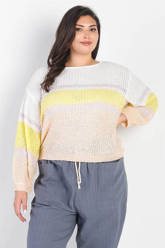 Plus Size Striped Long Sleeve Lightweight Knit Sweater /3-2-1 - Tasha Apparel Wholesale
