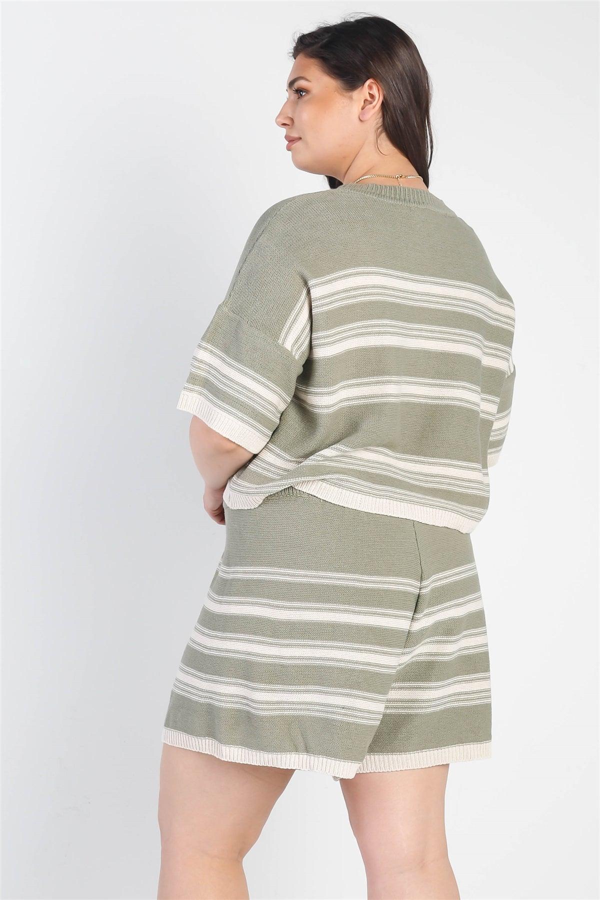 Junior Plus Olive Striped Knit Short Sleeve Crop Top High Waist Shorts Set /3-2-1