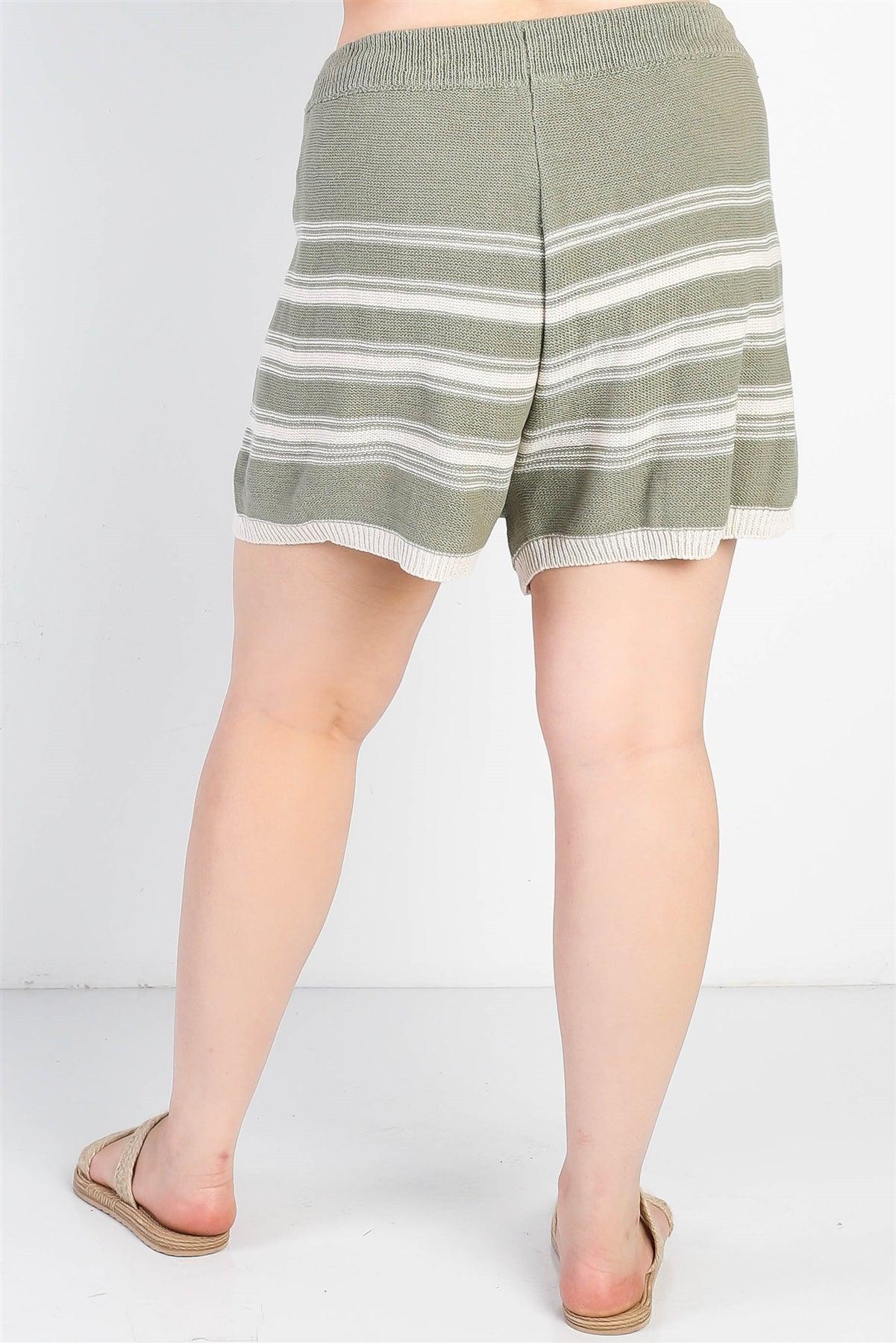 Junior Plus Olive Knit Striped High Waist Shorts /2-1