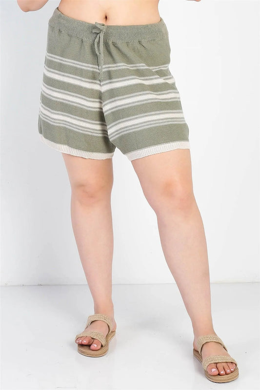 Junior Plus Olive Knit Striped High Waist Shorts /3-2-1 - Tasha Apparel Wholesale