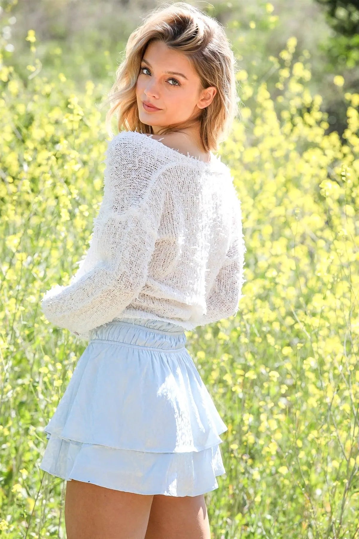 White Boho Textured Knit Long Sleeve Cardigan Top /2-2-2 - Tasha Apparel Wholesale