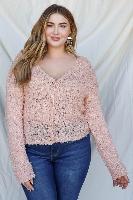 Junior Plus Pink Textured Knit Long Sleeve Cardigan Top /3-2-1 - Tasha Apparel Wholesale