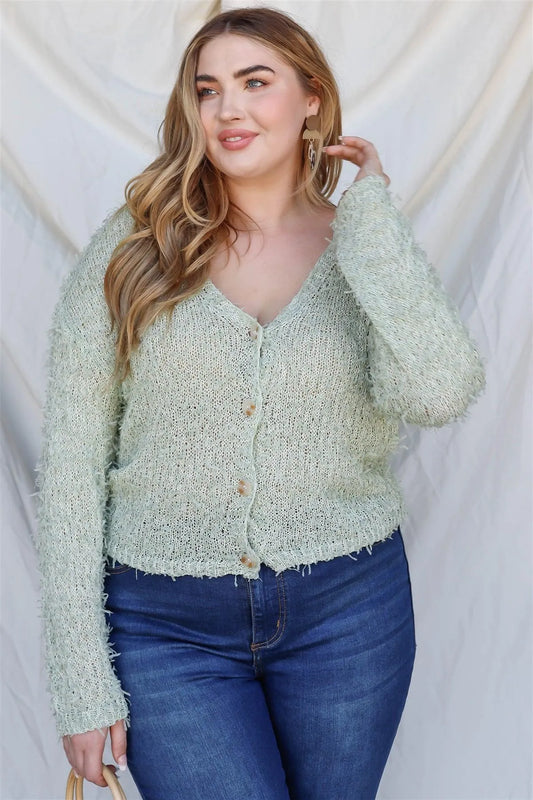 Junior Plus Sage Textured Knit Long Sleeve Cardigan Top /3-2-1 - Tasha Apparel Wholesale