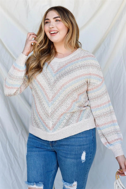 Junior Plus Taupe Stripe Knit Cotton Blend Long Sleeve Top /3-2-1 - Tasha Apparel Wholesale