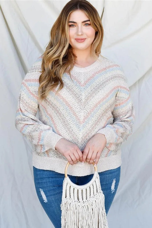 Junior Plus Taupe Stripe Knit Cotton Blend Long Sleeve Top /4-2-1 - Tasha Apparel Wholesale