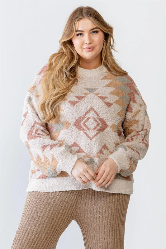 Junior Plus Beige Geo Pattern Knit Soft To Touch Sweater /3-2-1 - Tasha Apparel Wholesale