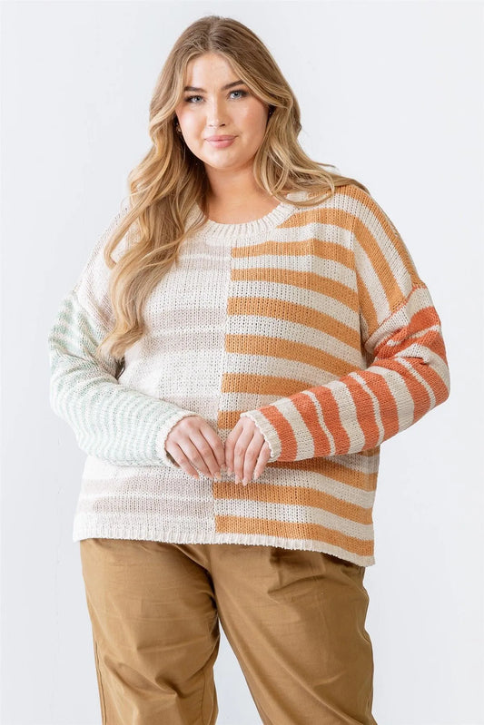 Junior Plus Beige Multicolor Striped Knit Long Sleeve Sweater /3-2-1 - Tasha Apparel Wholesale