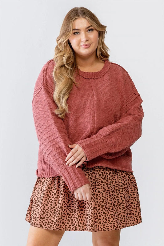 Junior Plus Brick Knit Inside-Out Long Sleeve Sweater /3-2-1 - Tasha Apparel Wholesale