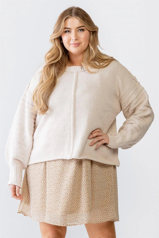Junior Plus Cream Knit Inside-Out Long Sleeve Sweater /3-2-1 - Tasha Apparel Wholesale