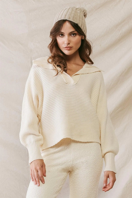Cream Knit Collared Long Sleeve Cropped Sweater /2-2-2 - Tasha Apparel Wholesale
