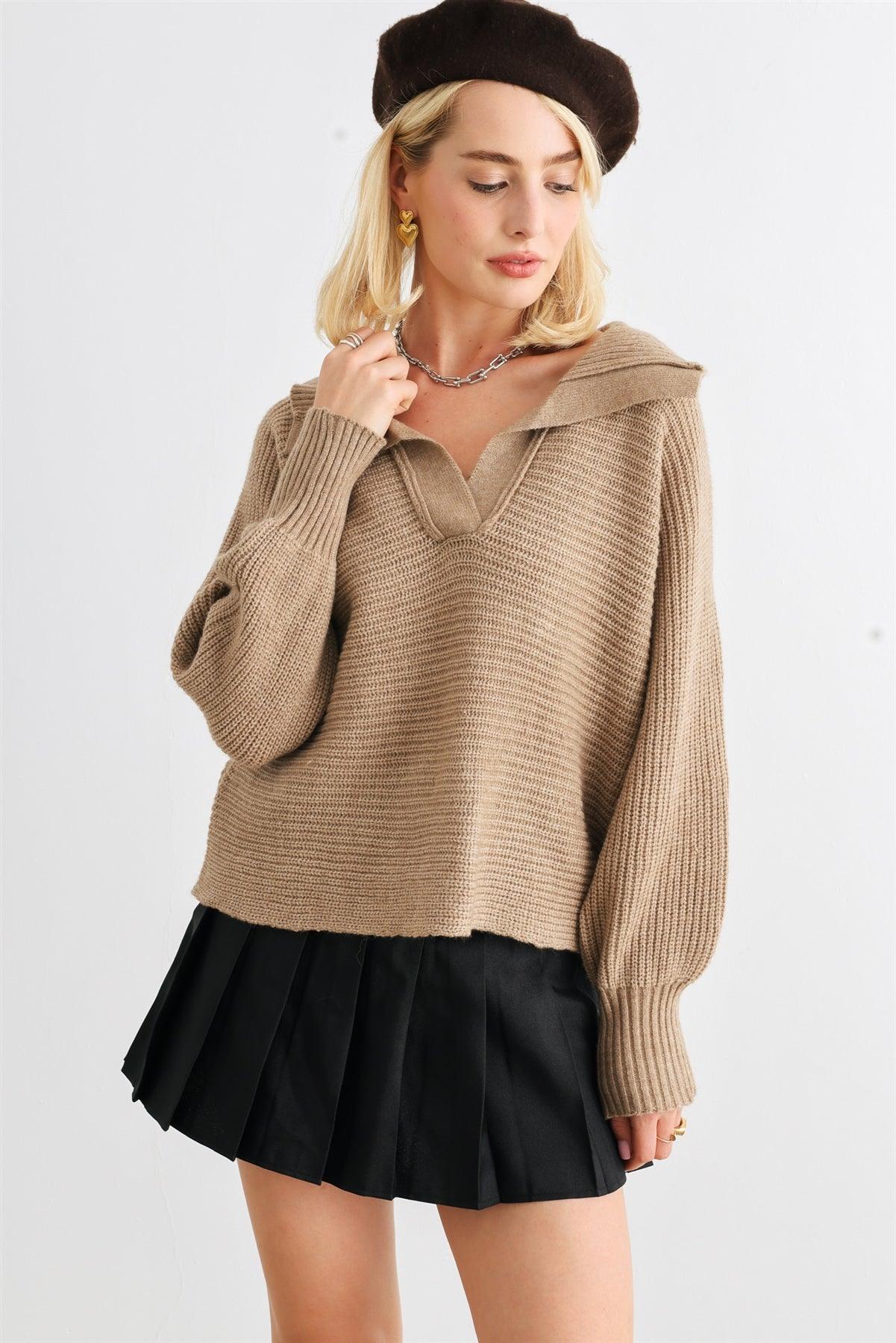 Mocha Knit Collared Long Sleeve Cropped Sweater /2-2-2