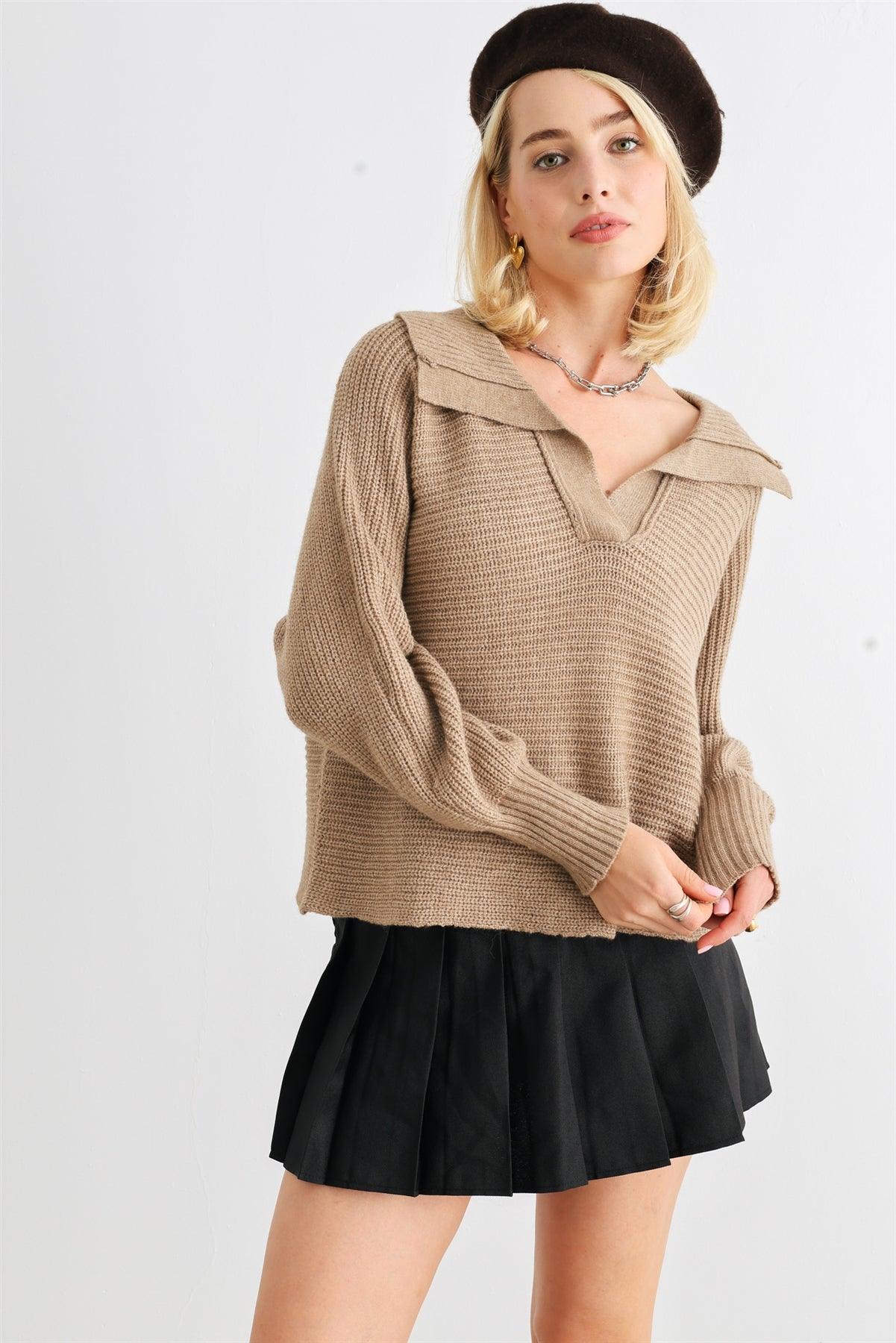 Mocha Knit Collared Long Sleeve Cropped Sweater /2-2-2