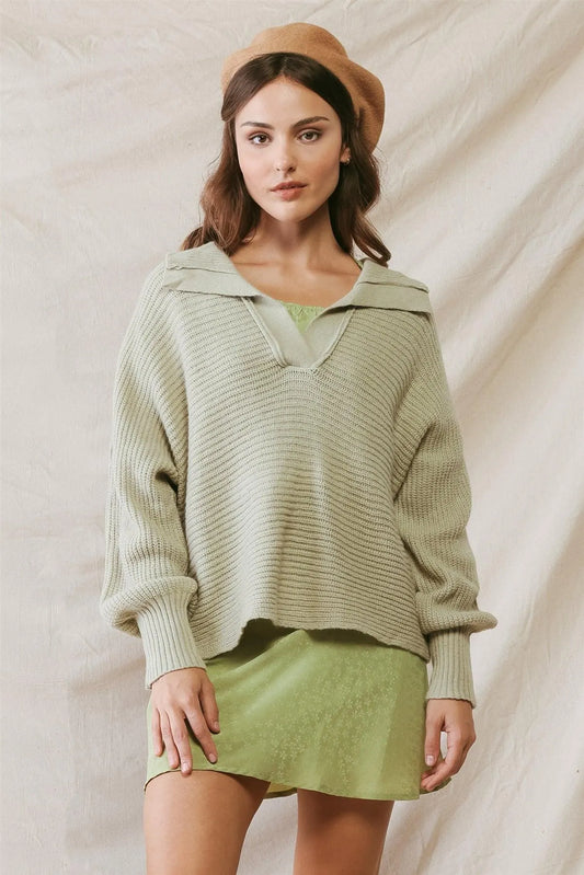 Sage Knit Collared Long Sleeve Cropped Sweater /2-2-2 - Tasha Apparel Wholesale