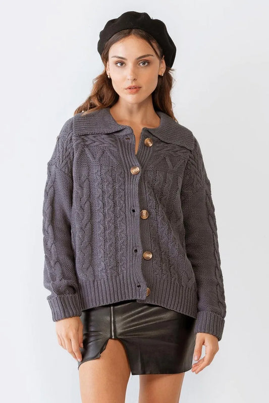 Cable Knit Collared Neck Button-Up Sweater Cardigan /2-2-2 - Tasha Apparel Wholesale