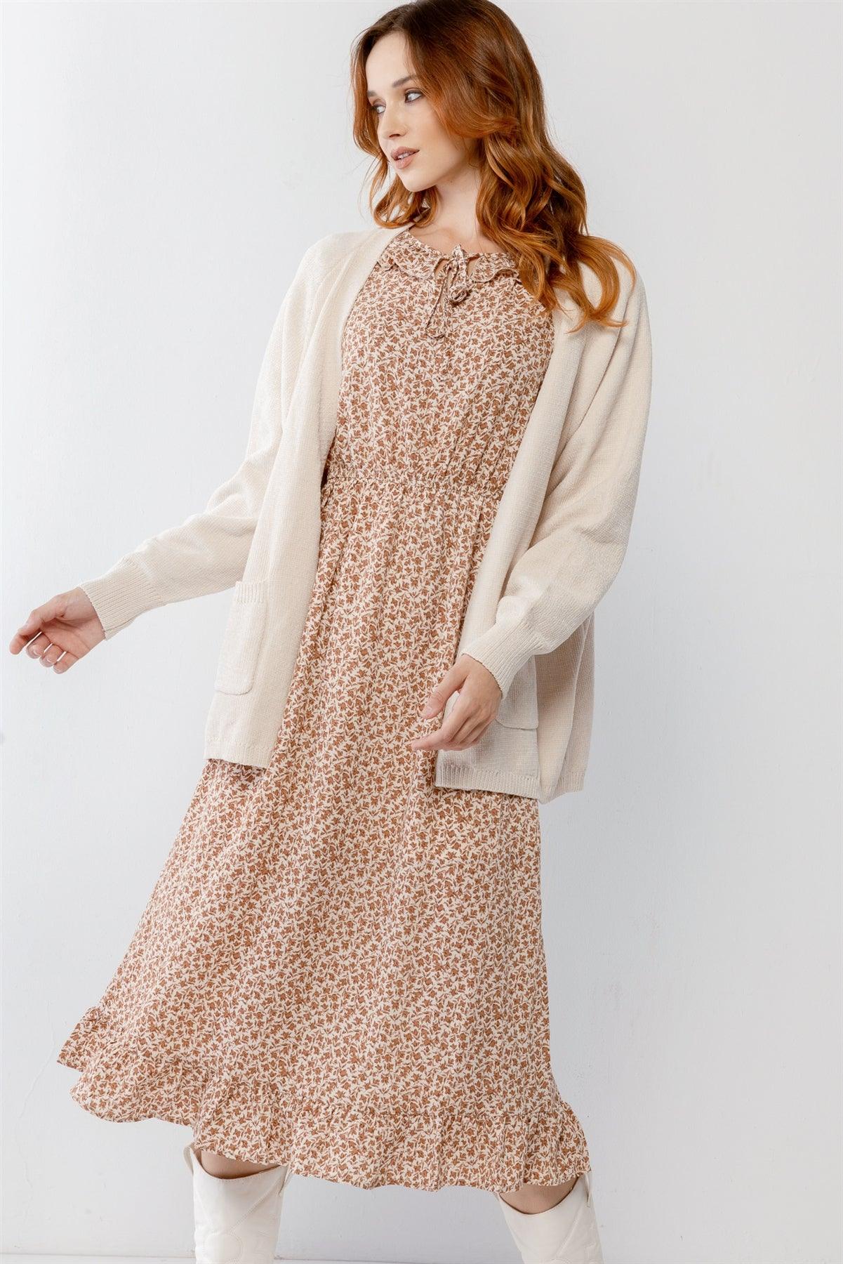 Cream Knit Two Pocket Long Sleeve Open Front Cardigan /2-2-2