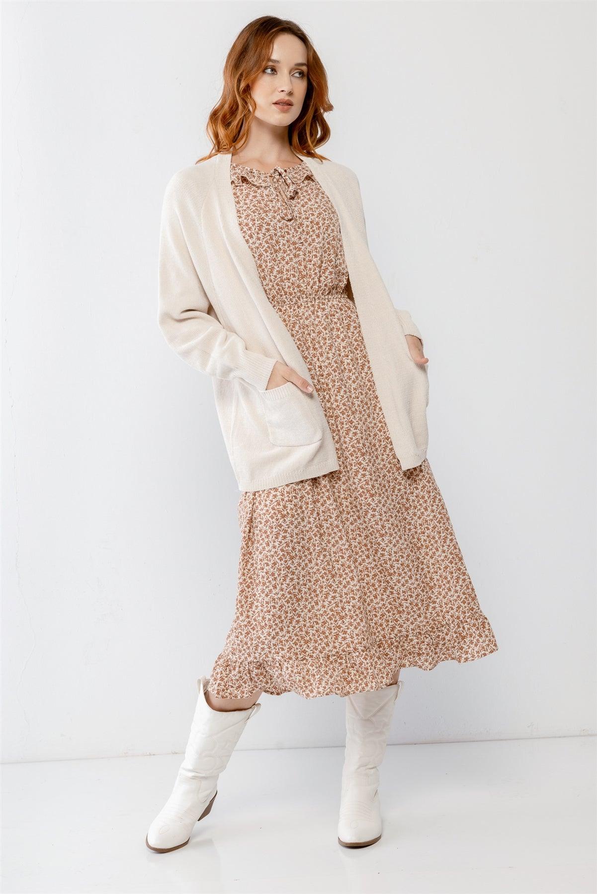 Cream Knit Two Pocket Long Sleeve Open Front Cardigan /2-2-2