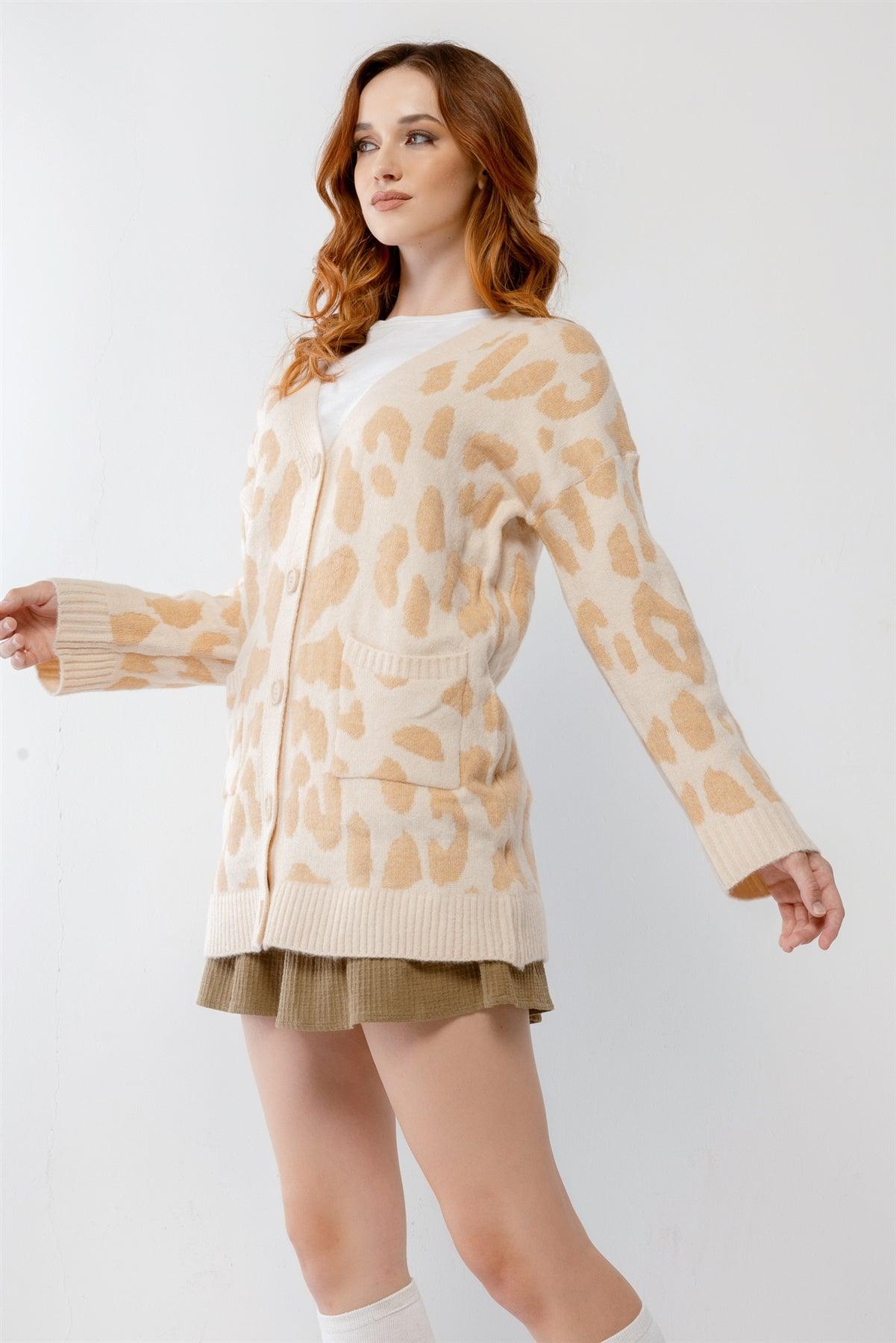 Cream Giraffe Print Front Button-Up Two Pocket Long Sleeve Sweater Cardigan /1-2-3