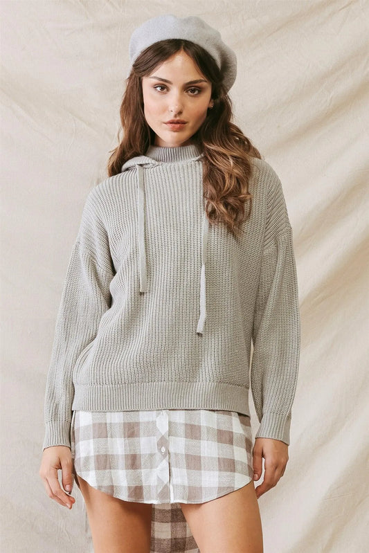 Heather Grey Knit Hooded Long Sleeve Relaxed Sweater /2-2-2 - Tasha Apparel Wholesale