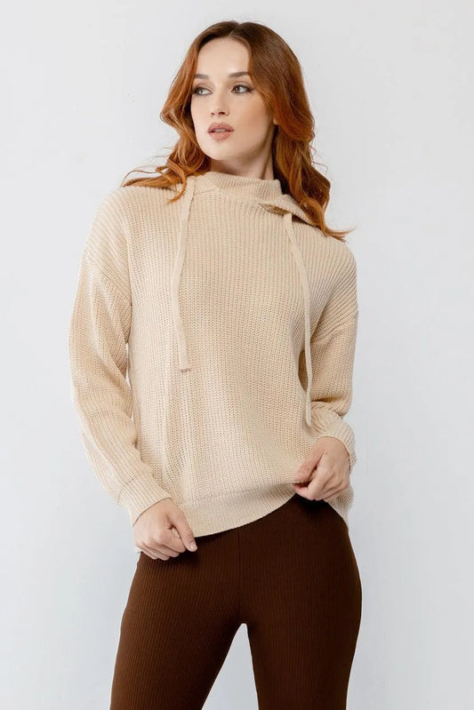 Oatmeal Knit Hooded Long Sleeve Relaxed Sweater /2-2-2 - Tasha Apparel Wholesale