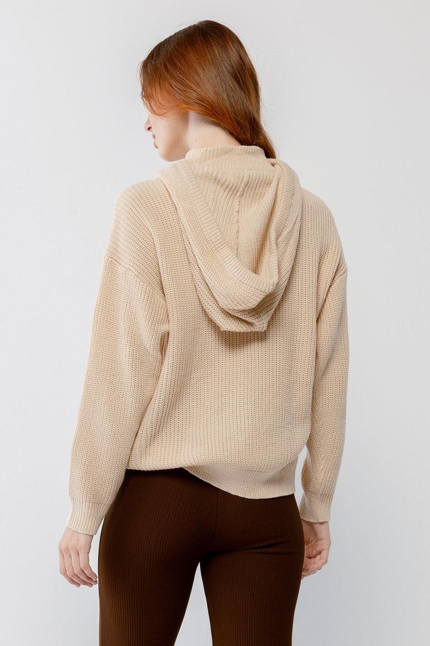 Oatmeal Knit Hooded Long Sleeve Relaxed Sweater /2-2-2