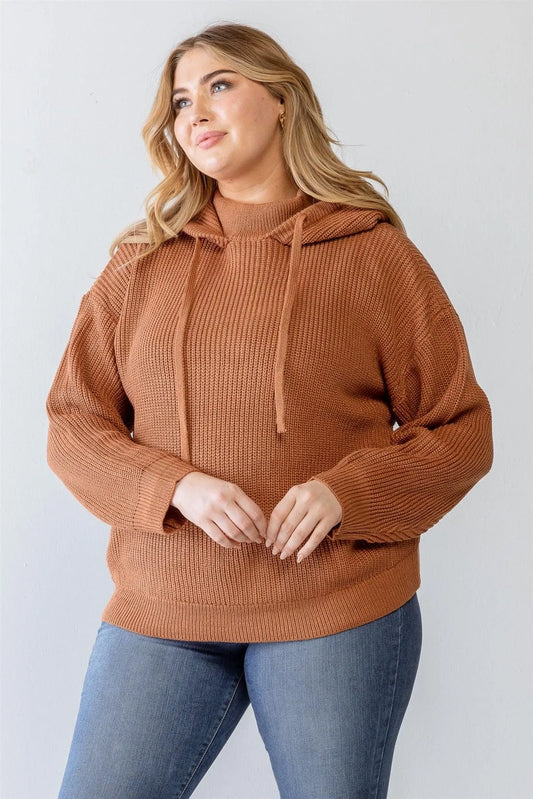 Junior Plus Size Camel Knit Long Sleeve Hooded Sweater - Tasha Apparel Wholesale