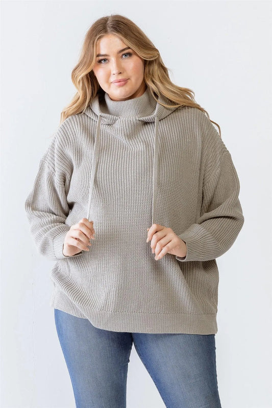 Junior Plus Heather Grey Knit Long Sleeve Hooded Sweater /2-2-1 - Tasha Apparel Wholesale