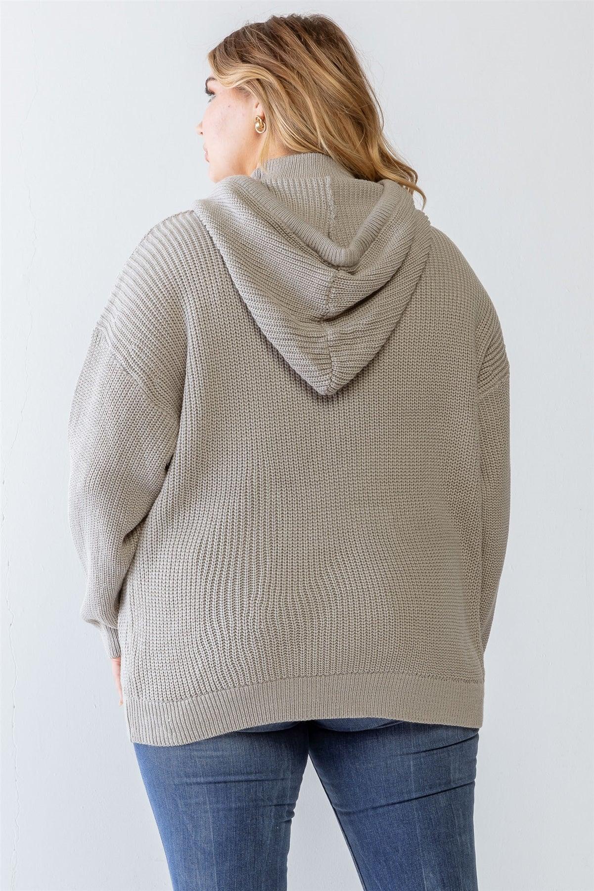 Junior Plus Heather Grey Knit Long Sleeve Hooded Sweater /3-2-1