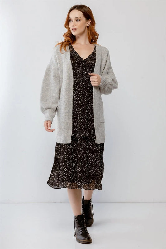 Heather Grey Knit Two Pocket Soft To Touch Open Front Cardigan /2-3-1 - Tasha Apparel Wholesale