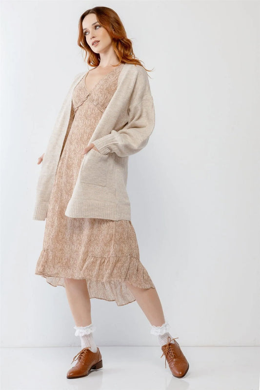 Oatmeal Knit Two Pocket Soft To Touch Open Front Cardigan /1-2-2 - Tasha Apparel Wholesale