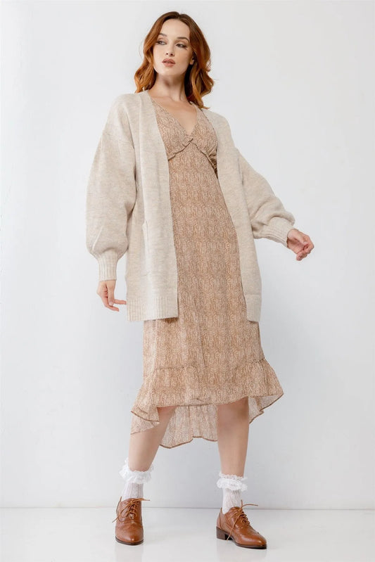 Oatmeal Knit Two Pocket Soft To Touch Open Front Cardigan /2-2-2 - Tasha Apparel Wholesale