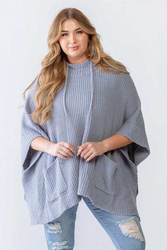 Plus Size Denim Knit Two Pocket Hooded Poncho - Tasha Apparel Wholesale