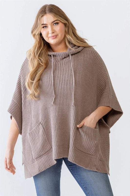 Plus Size Mocha Knit Two Pocket Hooded Poncho /3-2-1 - Tasha Apparel Wholesale