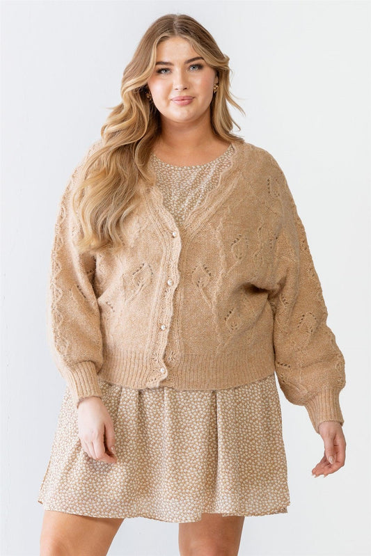 Junior Plus Beige Cable Knit V-Neck Pearl Button Long Sleeve Cardigan /3-2-1