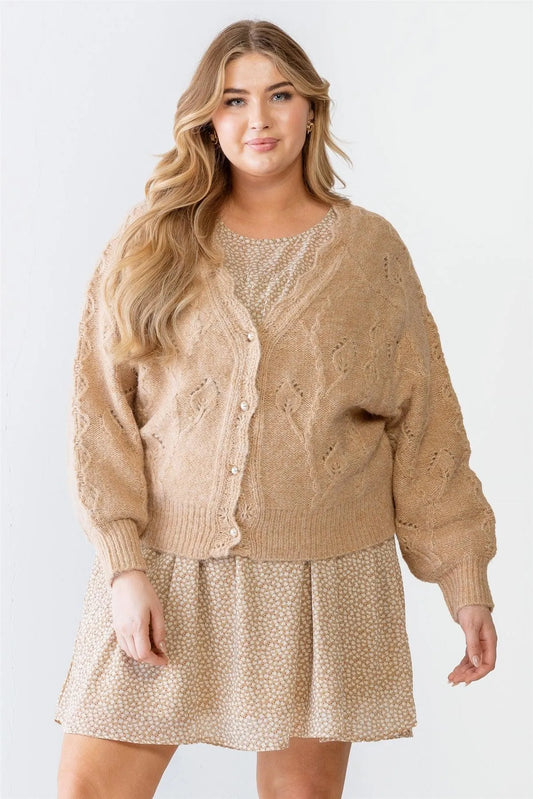 Plus Size Beige Cable Knit Pearl Buttons Cardigan /3-2-1 - Tasha Apparel Wholesale