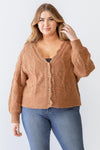 Junior Plus Camel Cable Knit V-Neck Pearl Button-Up  Long Sleeve Cardigan /3-2-1