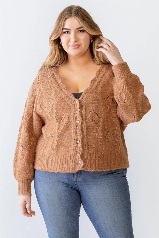 Plus Size Cable Knit Pearl Buttons Cardigan /3-2-1 - Tasha Apparel Wholesale
