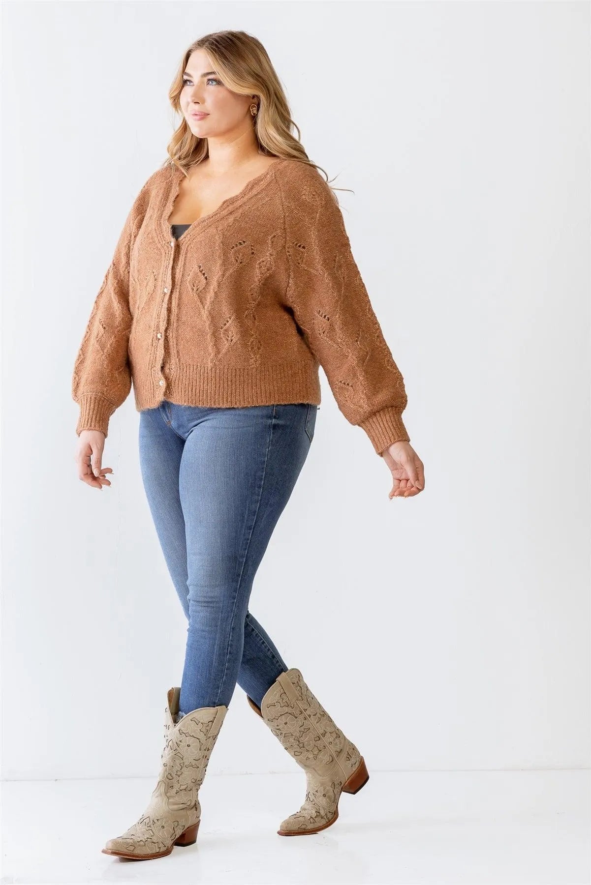 Plus Size Cable Knit Pearl Buttons Cardigan /3-2-1 - Tasha Apparel Wholesale