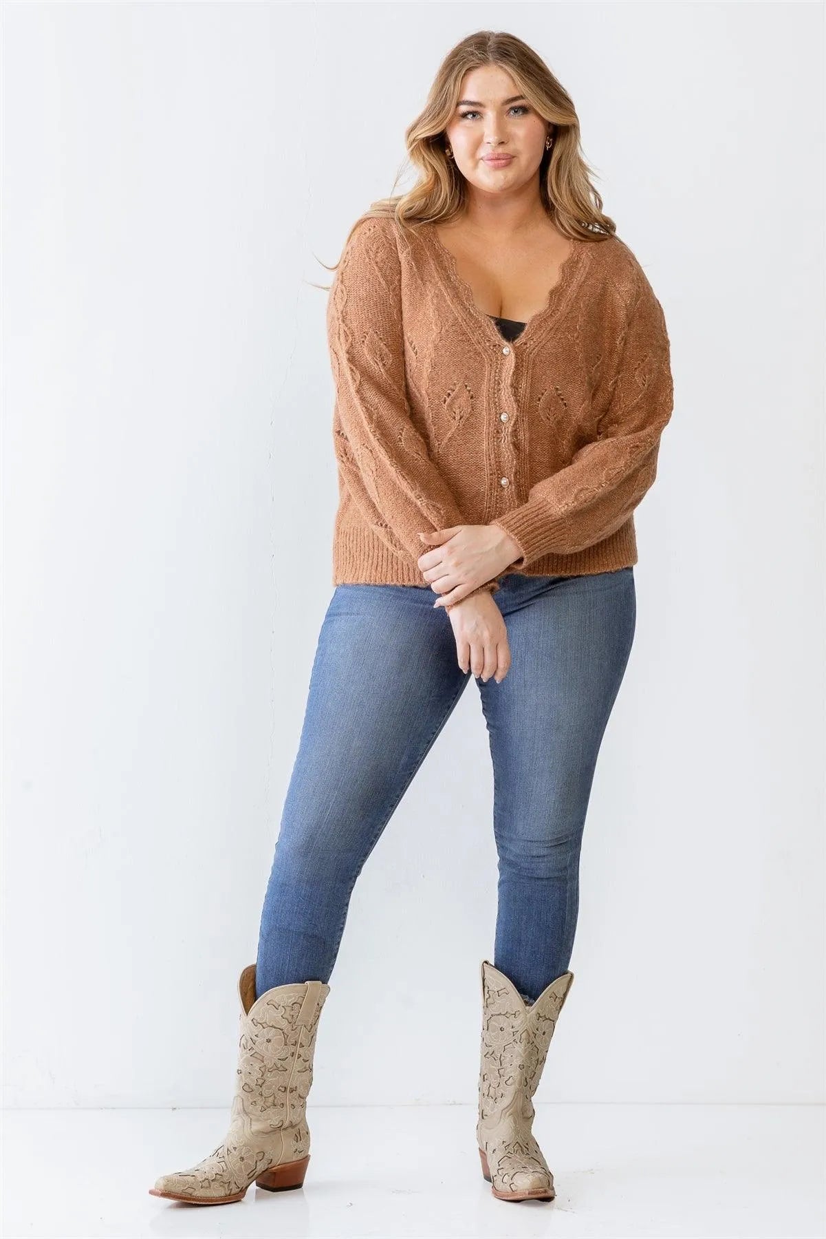 Plus Size Cable Knit Pearl Buttons Cardigan /3-2-1 - Tasha Apparel Wholesale