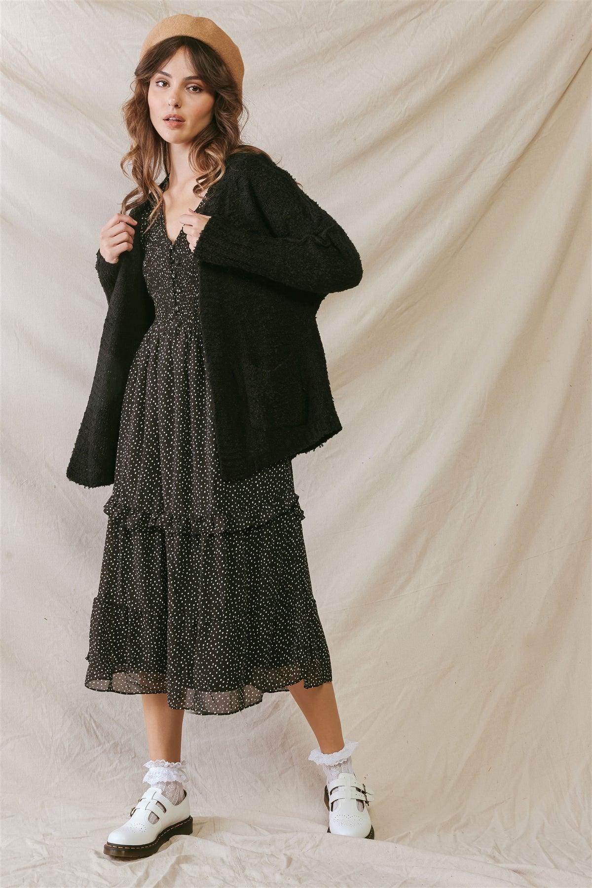 Black Knit Textured Two Pocket Open Front Cardigan /2-2-2