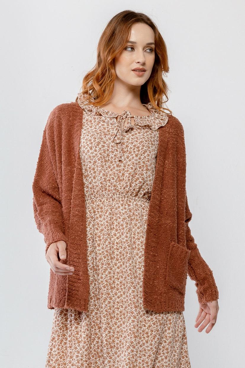 Brick Knit Textured Two Pocket Open Front Cardigan /2-2