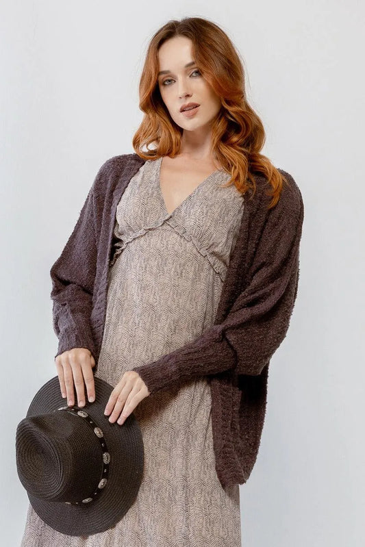 Charcoal Knit Textured Two Pocket Open Front Cardigan /1-2-2 - Tasha Apparel Wholesale