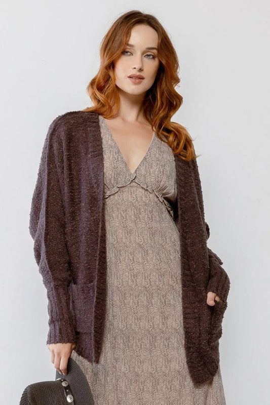 Charcoal Knit Textured Two Pocket Open Front Cardigan /2-2-2 - Tasha Apparel Wholesale