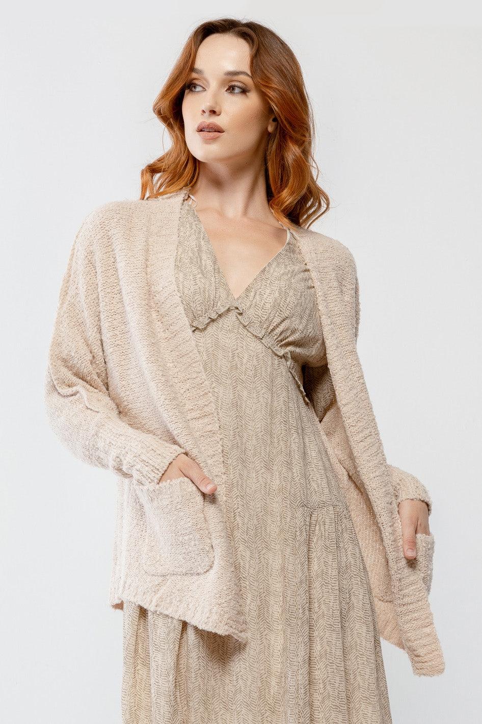 Cream Knit Textured Two Pocket Open Front Cardigan /3-2