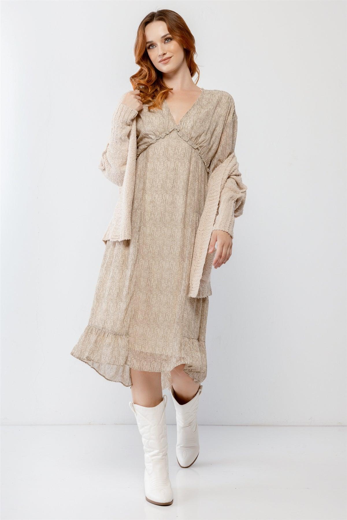 Cream Knit Textured Two Pocket Open Front Cardigan /3-2