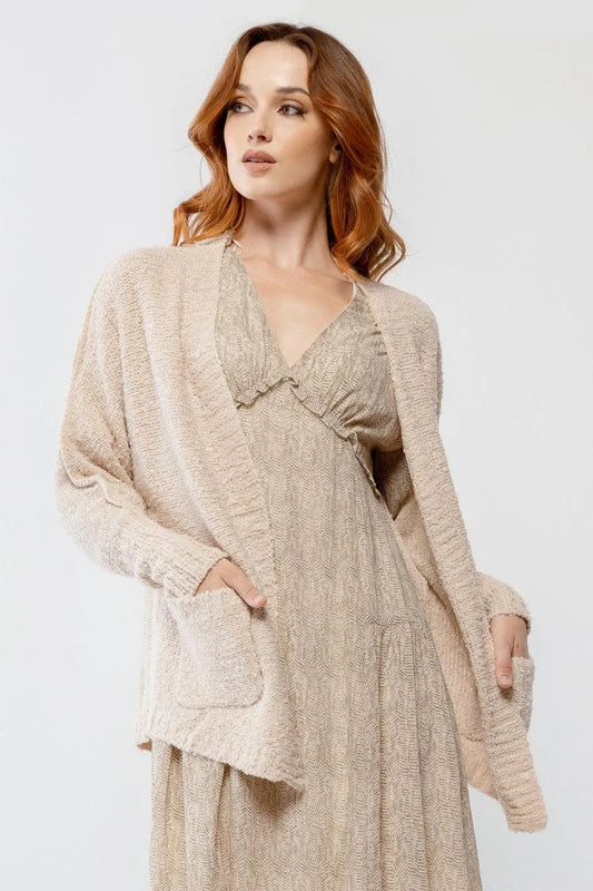 Cream Knit Textured Two Pocket Open Front Cardigan /2-2-2 - Tasha Apparel Wholesale