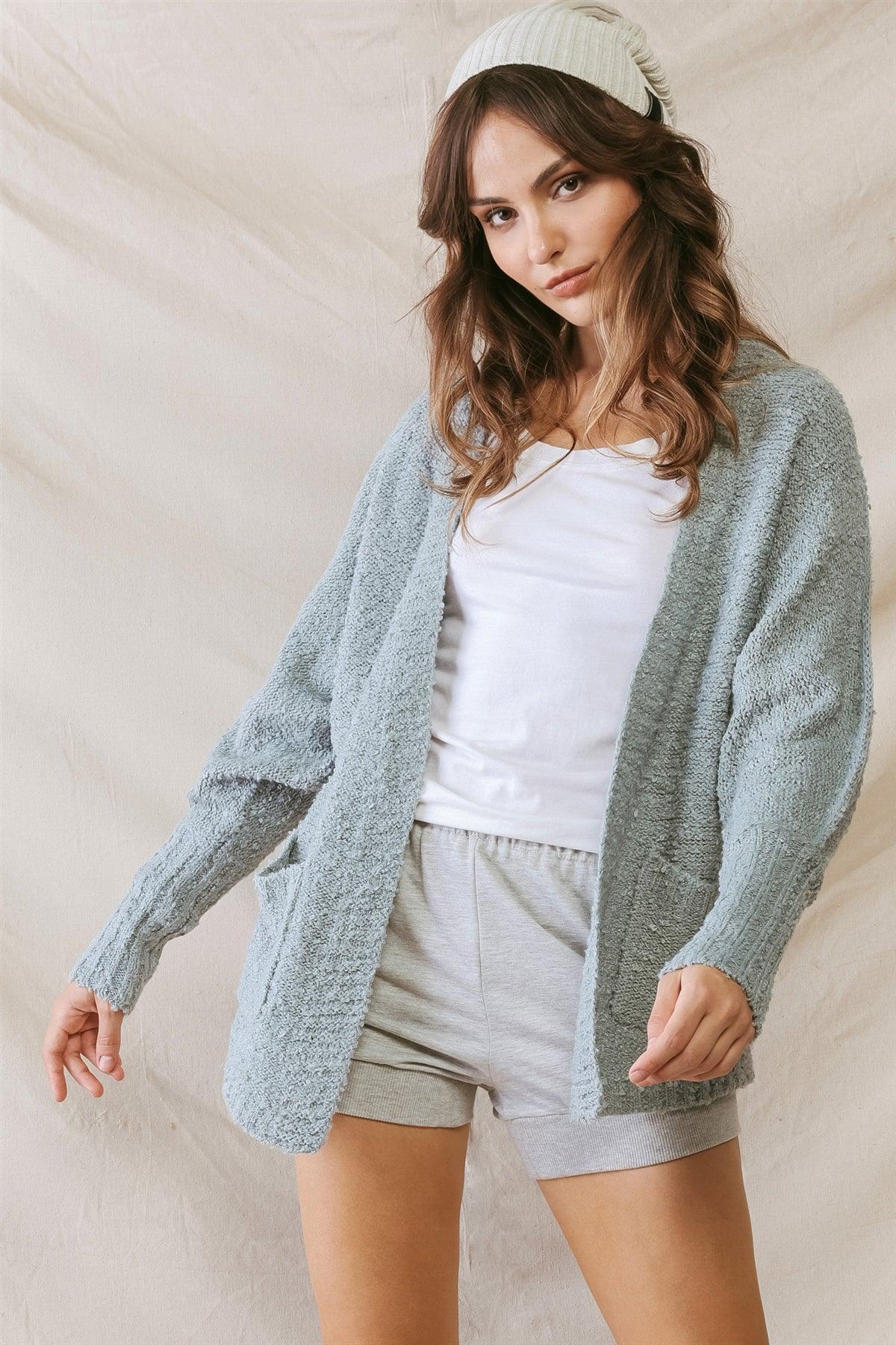 Sage Knit Textured Two Pocket Open Front Cardigan /2-2-2